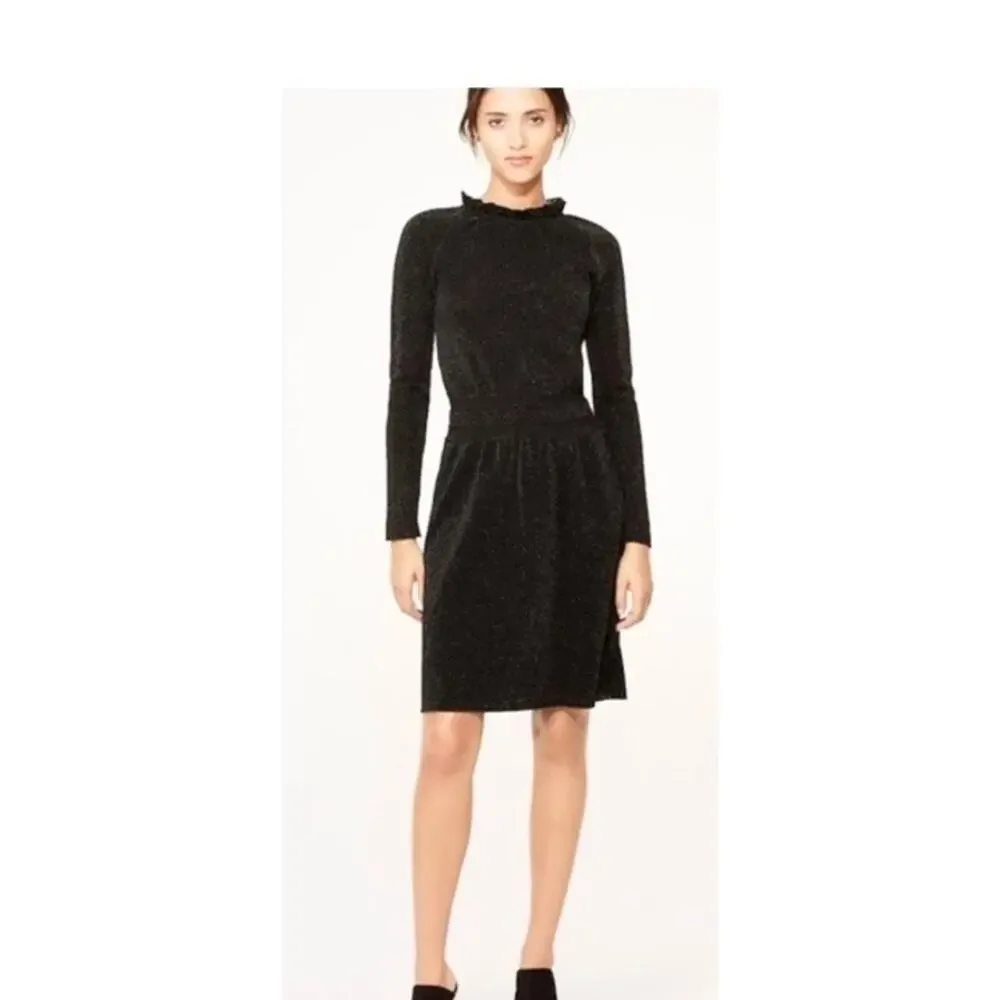Tory Burch Black Isabelle Wool Knit Dress XS Sweater Semi Sheer Ruffle Neck‎